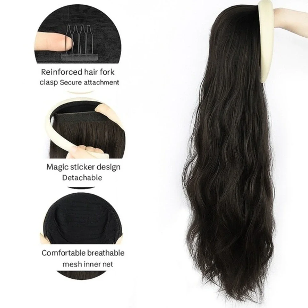 Long Wavy Headband Wig with Secure Clip – Black Natural Look, Easy Wear new